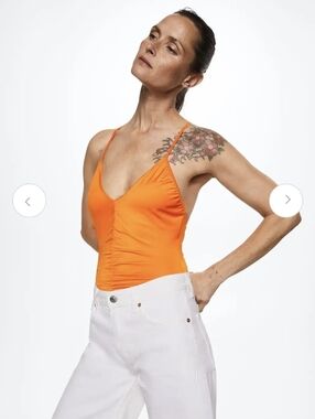 NWT MANGO Women Orange Solid Ruched Bodysuit, Small